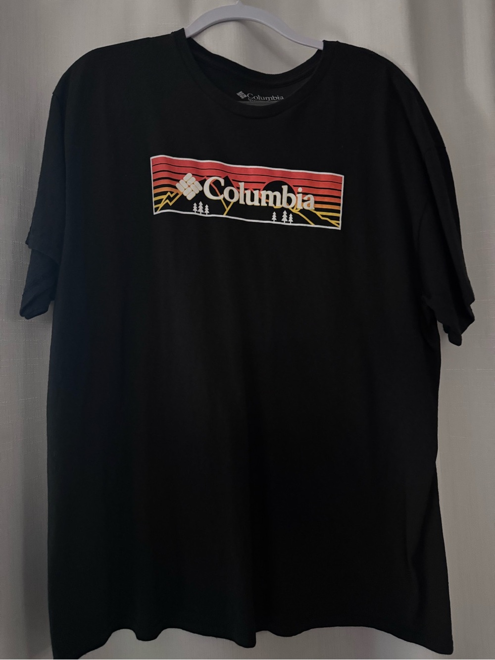Columbia Black Short-Sleeve Logo Tee with Red and Yellow Striped Graphic